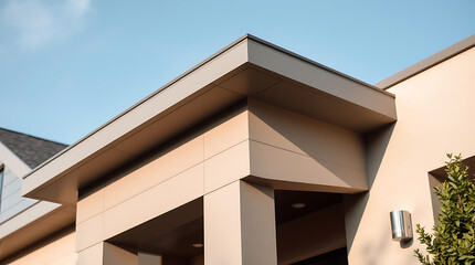 Modern House Exterior: Beige Facade, Geometric Design, and Clean Lines. Contemporary Architecture, Residential Property, Real Estate