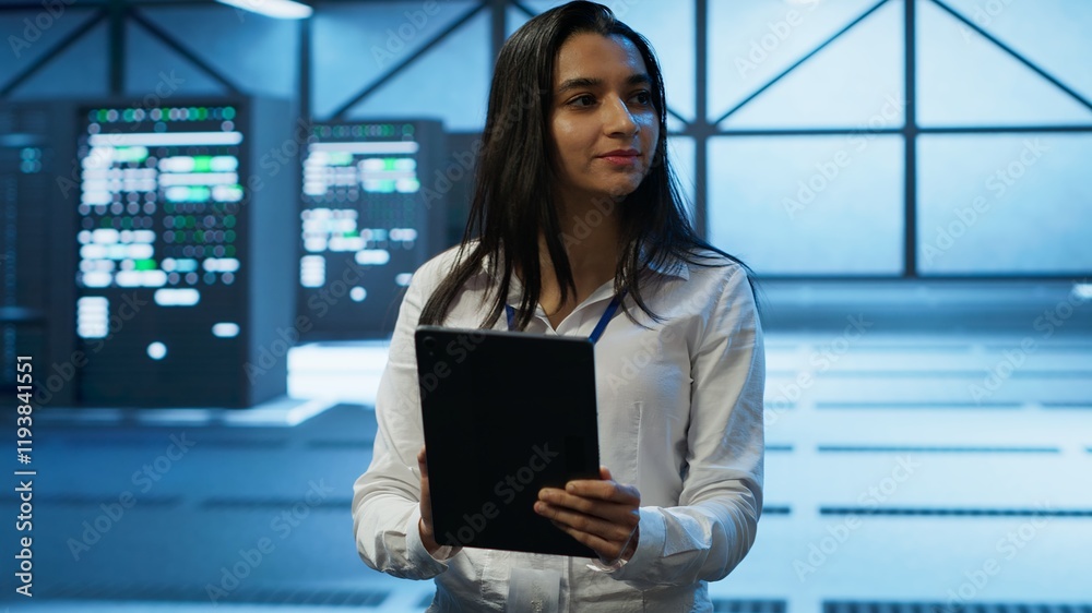 Poster admin in data center monitoring security threats with tablet, implementing cybersecurity measures. s