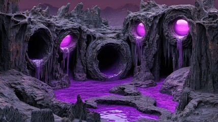 Alien Caves Glowing Purple Liquid Flowing Rocks