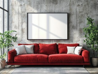 Cozy Minimalist Living Room with Red Sofa Natural Light Industrial Style Scandinavian Design