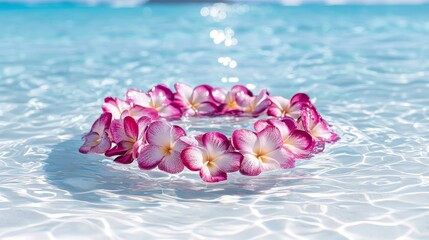 Artistic lei flower necklace, crafted with exotic blooms, contrasted against turquoise waters and Diamond Head under a clear, radiant sky