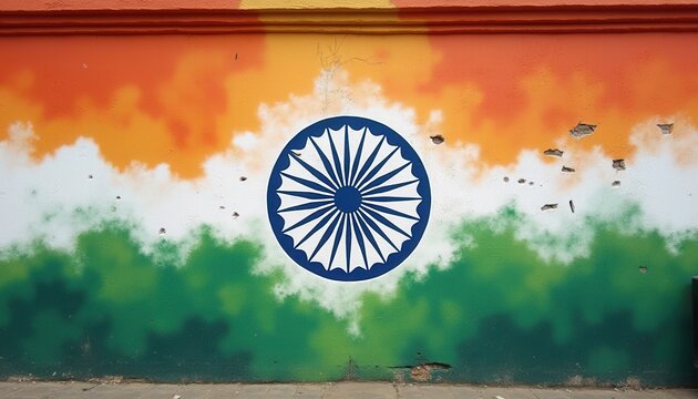 A vibrant painted Indian flag on a wall with a bench and fire hydrant, set against a colorful red, oran green, yellow, and blue backdrop.