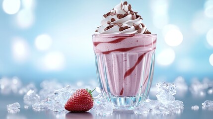 Creamy strawberry shake with crushed ice and whipped topping, artistically styled on a grey surface, photorealistic detail
