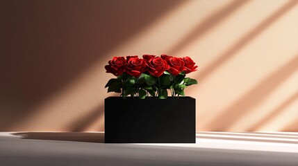 Creative arrangement of red roses in a matte black box, set against a white tabletop, balanced lighting for shadow and depth, artistic romantic concept