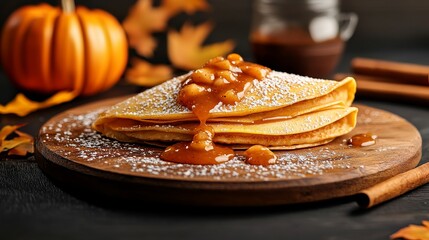 Artistic shot of folded pumpkin crepes dripping with spiced apple sauce, surrounded by fall leaves and cinnamon sticks, atmospheric autumn theme