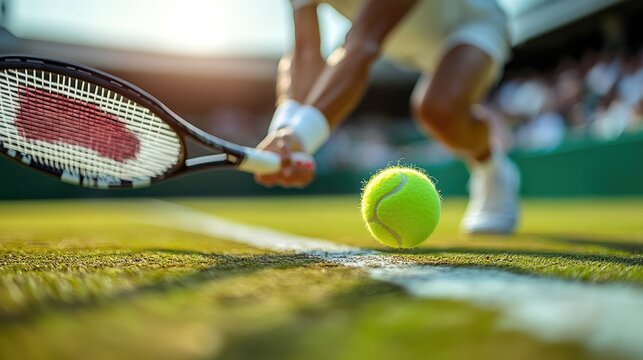 Close-up view of a tennis player's low, powerful return shot. The tennis ball is close to the line, and the player is in a dynamic pose.  The background is blurred, showing the court and spectators.