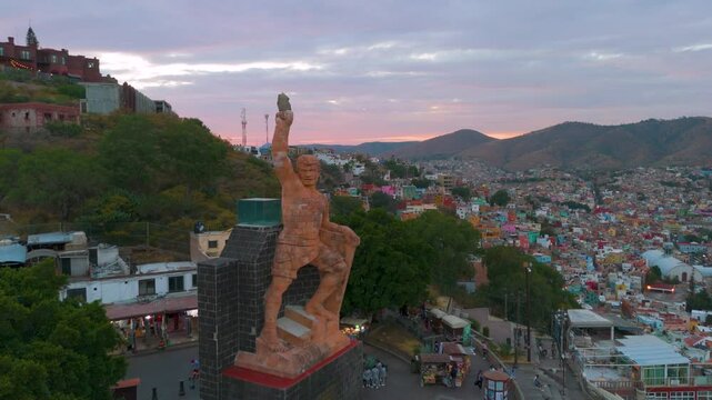 December 5, 2025. Guanajuato, Mexico: Aerial view flying over the monument to Mexican hero P&iacute;pila in the city of Guanajuato at sunset.