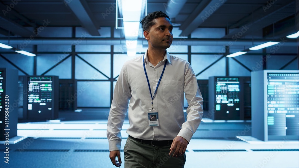 Poster admin walking amidst server rows, looking to ensure optimal performance and reliability by implement