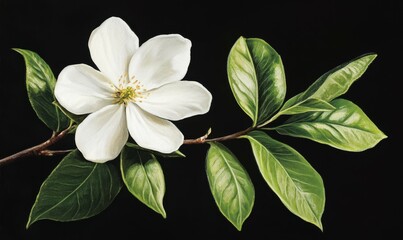 Obraz premium Single white flower with dark green stem and leaf on a branch, dark green leaves, verdant foliage