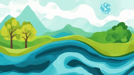 Vibrant and Colorful Landscape Illustration Featuring Rolling Hills, Clear Sky, Flowing River, and Stylized Trees in a Serene Natural Environment
