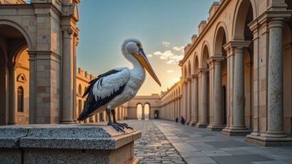 A majestic white pelican perches on a stark gray stone pillar, its long yellow beak aglow as it gazes to the right. Soft light dances in the background, enhancing its serene presence
