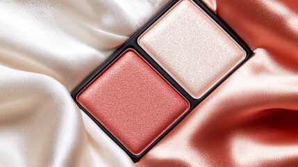 Fototapeta premium Makeup palette with silk fabric background, promotional price tag, glamorous look
