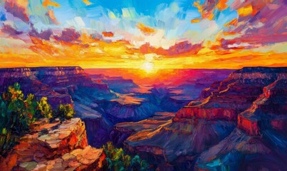 Fototapeta premium Vibrant Sunset Over Canyon Landscape Painted In Vivid Hues