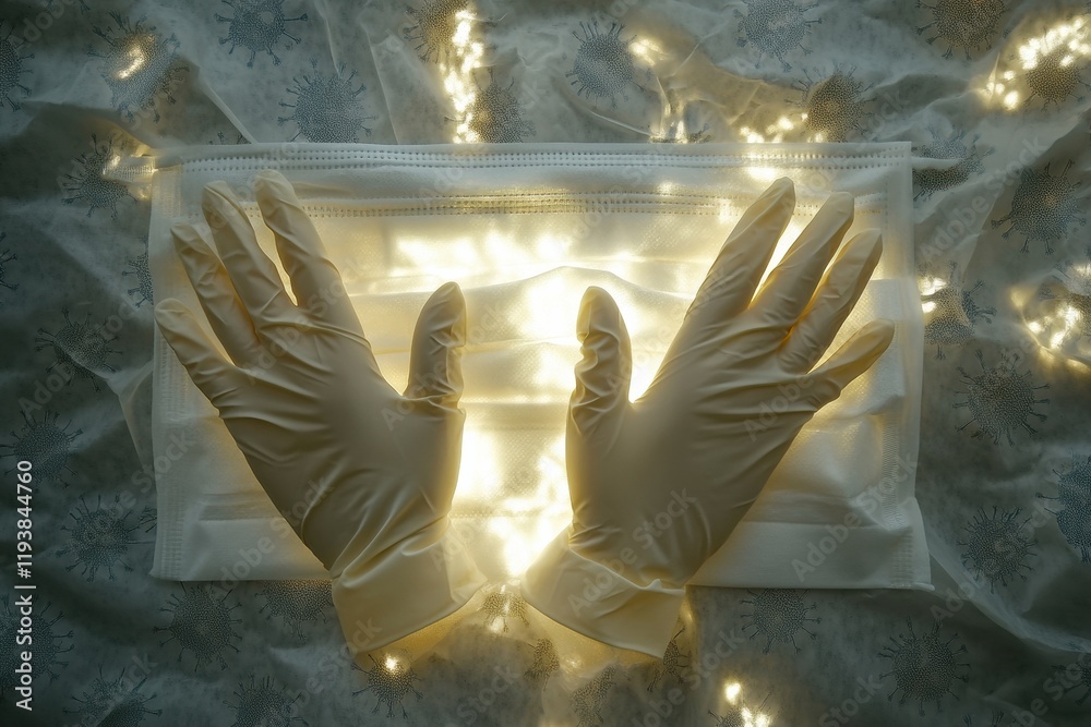Leinwandbilder protective gloves and mask with fading viruses illuminated on a surface. generative ai