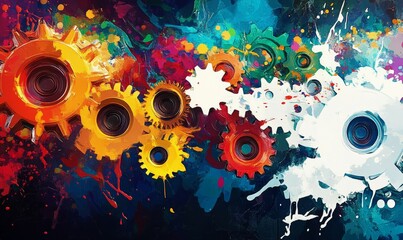 Abstract Colorful Gears Artistic Paint Splatter