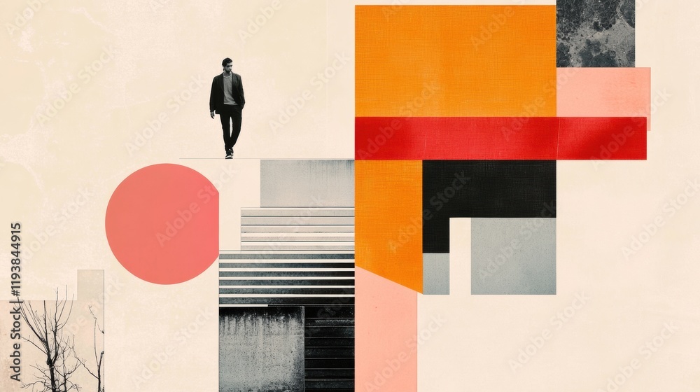 Poster collage featuring abstract shapes and a figure walking in a modern urban setting during daytime. gen