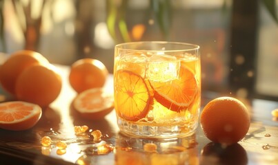 Glass of OJ & scattered oranges, sunlight highlights , refreshing, vitamins