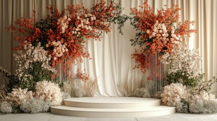 Elegant Wedding Floral Backdrop: Romantic Peach, Orange, and White Flower Stage Design