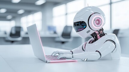 AI robot performing office tasks, focused on computer, job replacement concept, sleek futuristic appearance, isolated on white background