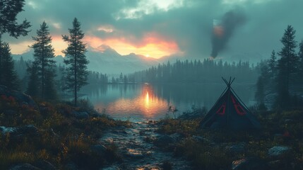 Tranquil lakeside view with a traditional tent at sunset, surrounded by pine trees and mountains under a colorful sky, perfect for nature and camping themes.