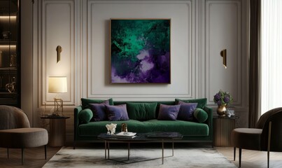 Abstract Emerald Green Purple Artwork Decorates Luxury Living Room