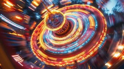 Spinning carnival ride with vibrant light trails