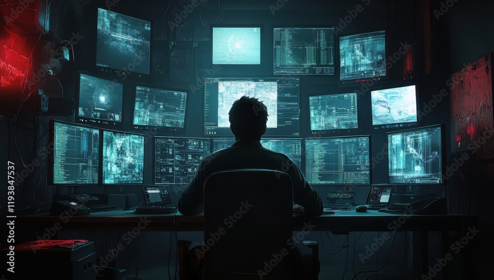 Poster a focused individual analyzing data on multiple monitors in a dark high-tech control room environmen