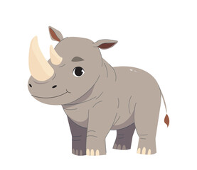 Adorable cartoon-style rhino with a friendly expression, standing on a white background. Perfect for children s content, animal-themed designs. Vector illustration