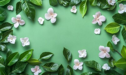 Green leafy background with scattered Catharanthus flowers in a whimsical and playful arrangement, leaf arrangement, foliage, natural beauty