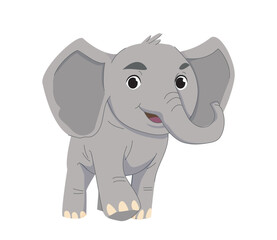 Adorable cartoon-style illustration of a young, smiling elephant with large ears and expressive features on a plain white background. Concept of wildlife and fun. Vector illustration.