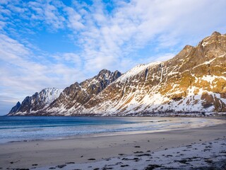 Coast at Ersfjord. The Senja island during winter in the north of Norway.