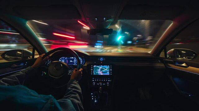 Time-lapse high speed drive in city street at night, fast motion hyperlapse modern car inside view, highway traffic blurry light trails, rush hour road trip long exposure blur, view through windshield