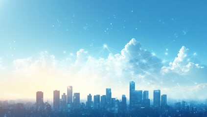 Fototapeta premium A Stunning Urban Skyline at Sunrise with Vibrant Clouds and a Blue Sky, Evoking a Sense of Peace and Modernity in a Metropolis Environment