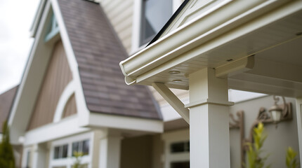 Elegant Home Exterior: Modern Architectural Design and Landscaping. High-quality image showcasing the beauty of residential architecture, emphasizing details like roofing and porch design.