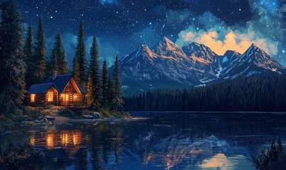 Fototapeta premium Illuminated Lakeside Cabin Mountain Night Sky