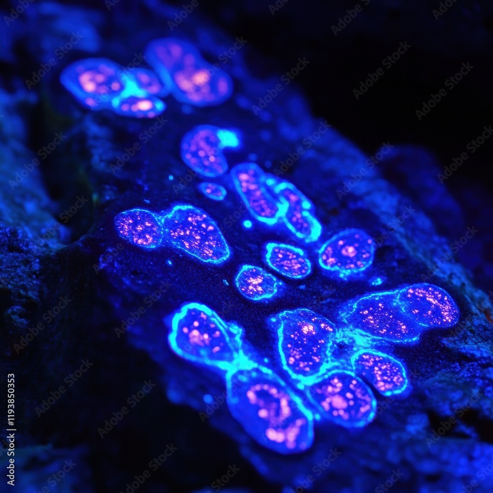 Leinwandbilder glowing bacteria illuminated by uv light create vibrant patterns on a rocky surface in a dark enviro