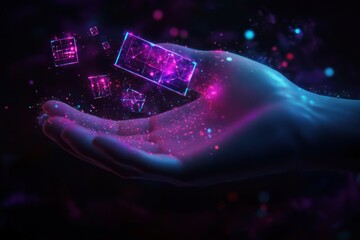 Futuristic Digital Interaction with Geometric Shapes and Virtual Reality Elements Illuminated in Purple and Blue Light