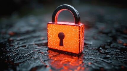 Fototapeta premium Cybersecurity: Digital Fortress, A Glowing Red Lock Symbol on a Dark Reflective Surface, Representing Data Protection and Online Safety