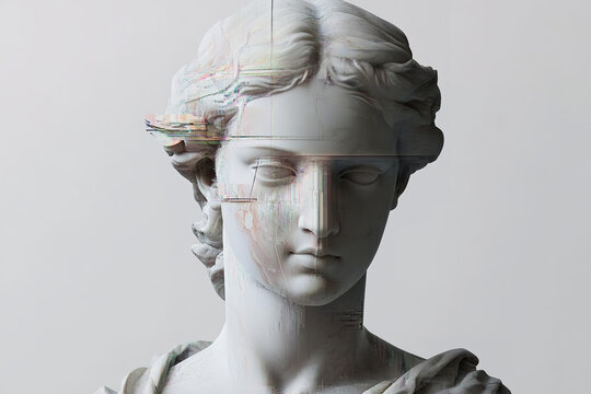 The image depicts a classical marble statue with a modern glitch effect superimposed on it, blending traditional art with digital distortion - Powered by Adobe