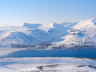 The Adventfjorden and Longyearbyen, the capital of Svalbard on the island of Spitsbergen, Norway.