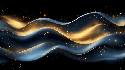 Abstract Gold and Blue Waves with Sparkling Glitter on Dark Background