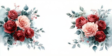 Watercolor Floral Frame Bouquet with Roses in Red and Pink Green Leaves for Wedding Invitations Stationery Decor