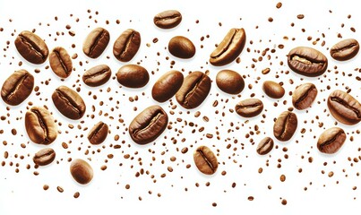Obraz premium Coffee Beans Falling and Scattering on a White Background