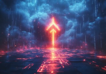 Obraz premium Abstract futuristic background featuring glowing upward arrow symbol, neon lights, digital landscape, and dramatic cloud formations for technology themes