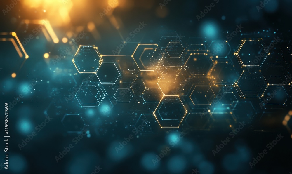 Poster abstract futuristic hexagonal pattern with glowing lights and particles over a dark gradient backgro