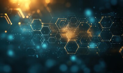 Obraz premium Abstract futuristic hexagonal pattern with glowing lights and particles over a dark gradient background for technology, science, and digital concepts.