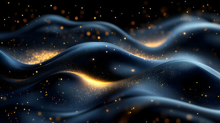 Abstract Dark Blue and Gold Wave Background with Glowing Particles