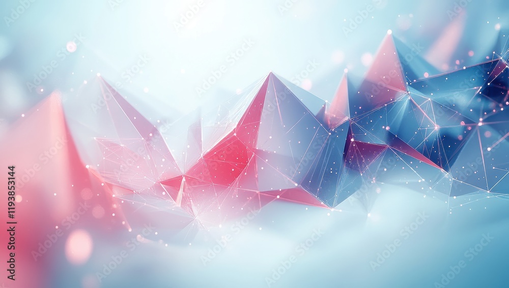Poster abstract geometric landscape with triangular shapes in soft pastel colors and glowing particles crea
