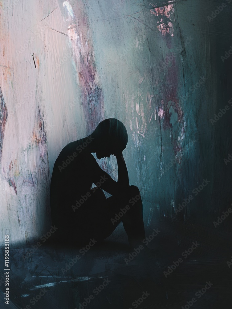 Poster person sitting in shadow expressing mental turmoil through abstract elements in a dimly lit space. g