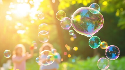 Naklejka premium Children blowing colorful bubbles in sunlit park